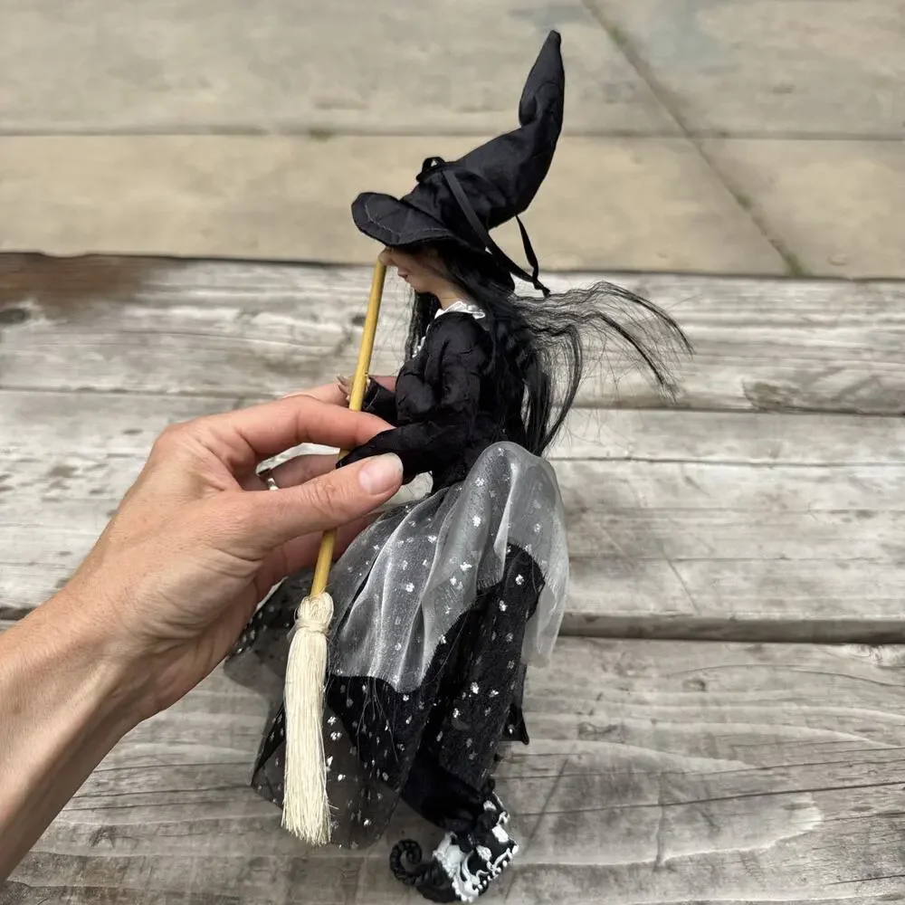 Vintage Halloween/ Kitchen Witch Doll w/Broom Black Glitter Outfit 14”